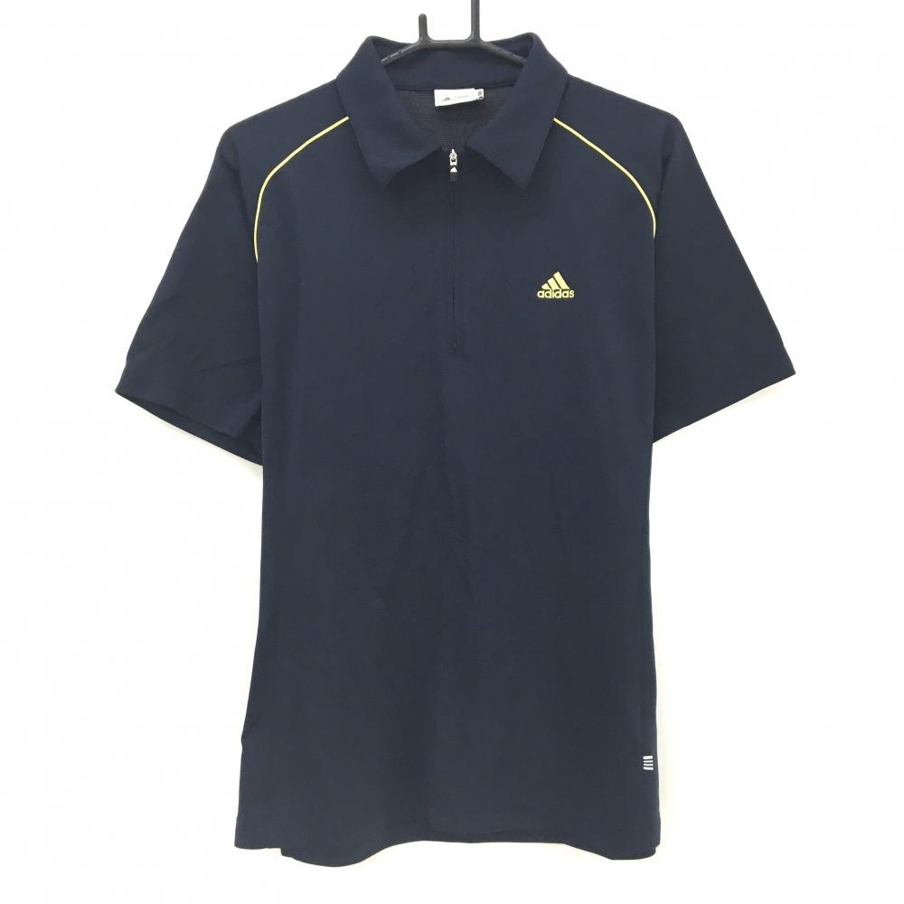 【美品】アディダス 半袖ポロシャツ ダークネイビー×イエロー ハーフジップ ロゴ刺しゅう メンズ O/XG(XL) ゴルフウェア adidas
