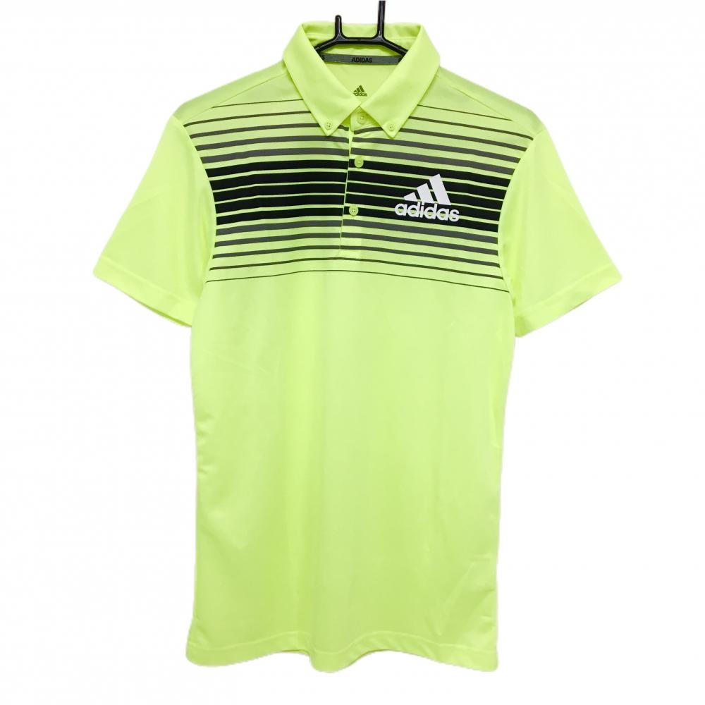 【新品】アディダス 半袖ポロシャツ 蛍光ライトグリーン×黒 胸ボーダー ボタンダウン メンズ M ゴルフウェア adidas