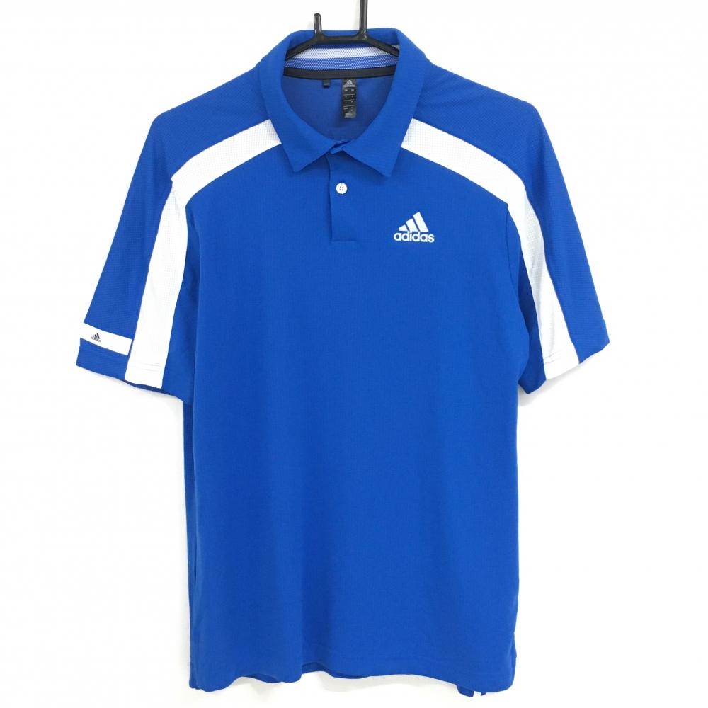 【超美品】アディダス 半袖ポロシャツ ブルー×白 背面メッシュ調 サイド3ライン HEATRDY メンズ M ゴルフウェア adidas