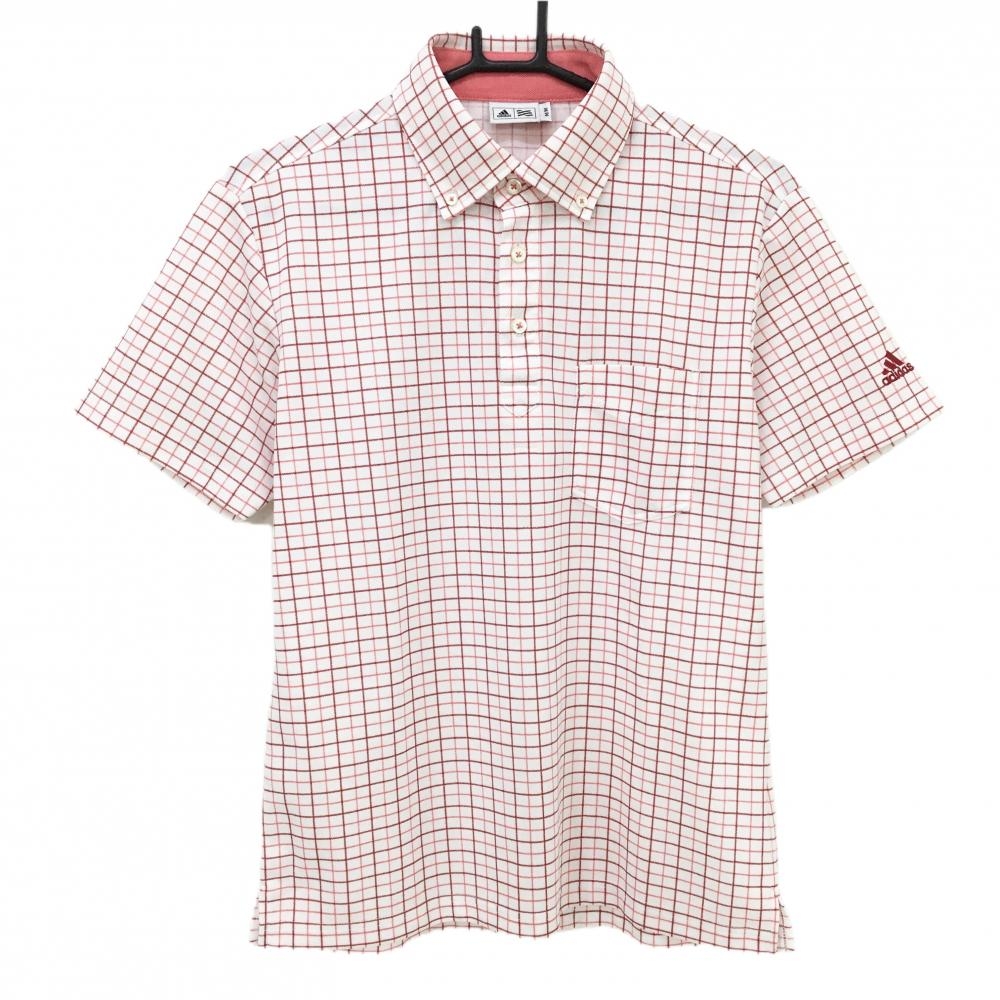 アディダス 半袖ポロシャツ 白×レッド 格子柄 袖ロゴ刺しゅう メンズ M/M ゴルフウェア adidas