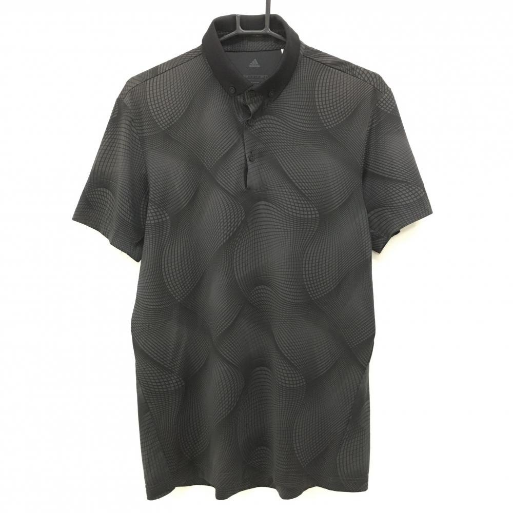 アディダス 半袖ポロシャツ ダークグレー×黒 総柄 袖ロゴ メンズ M ゴルフウェア adidas