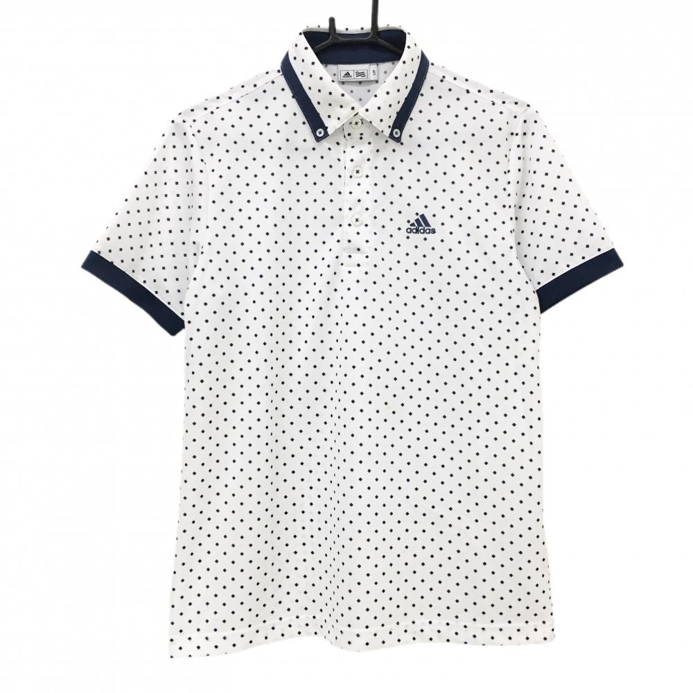 アディダス 半袖ポロシャツ 白×ネイビー スクエア総柄 ボタンダウン メンズ S/P ゴルフウェア adidas