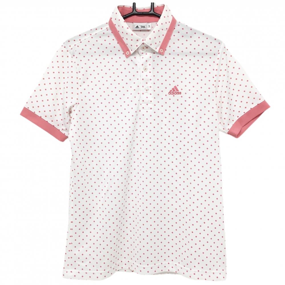 【美品】アディダス 半袖ポロシャツ 白×ピンク スクエア総柄 ボタンダウン  メンズ S/P ゴルフウェア adidas