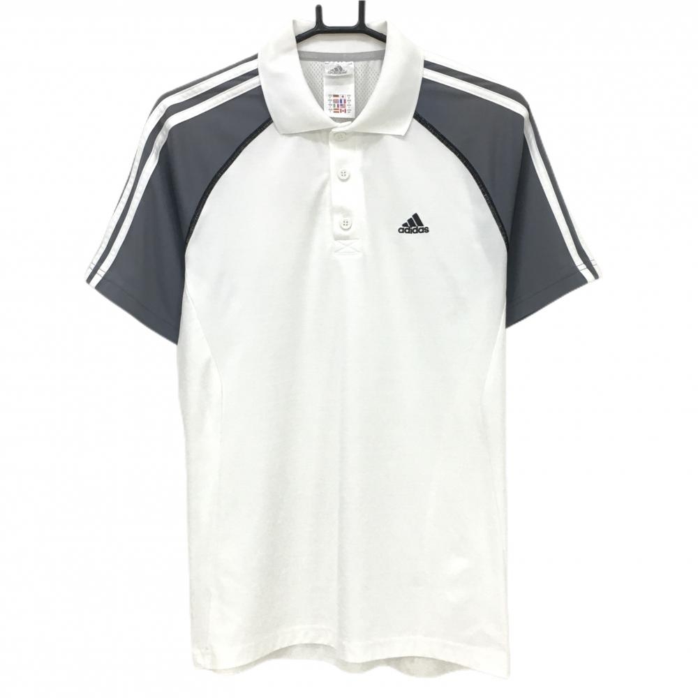 アディダス 半袖ポロシャツ 白×グレー 後ろ一部メッシュ 肩3ライン 地模様 メンズ M ゴルフウェア adidas