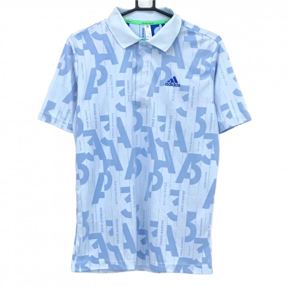 【美品】アディダス 半袖ポロシャツ ライトブルー 総柄 メンズ L ゴルフウェア adidas