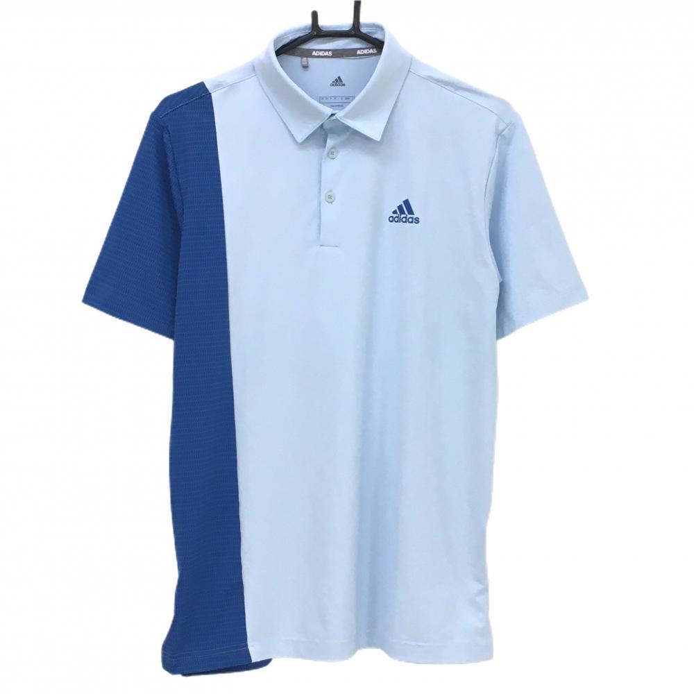 【美品】アディダス 半袖ポロシャツ ライトブルー×ブルー バイカラー 一部総柄 メンズ L ゴルフウェア adidas