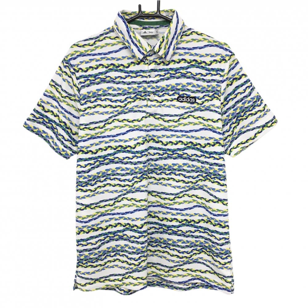 【美品】アディダス 半袖ポロシャツ 白×マルチカラー ロープ柄 胸元ロゴ  メンズ O/XG ゴルフウェア adidas