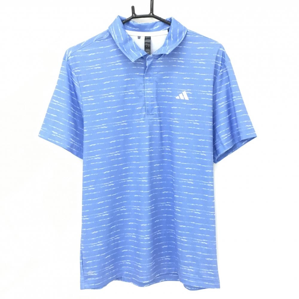 アディダス 半袖ポロシャツ ライトブルー×白 ボーダー風 ハーフジップ  メンズ M ゴルフウェア adidas
