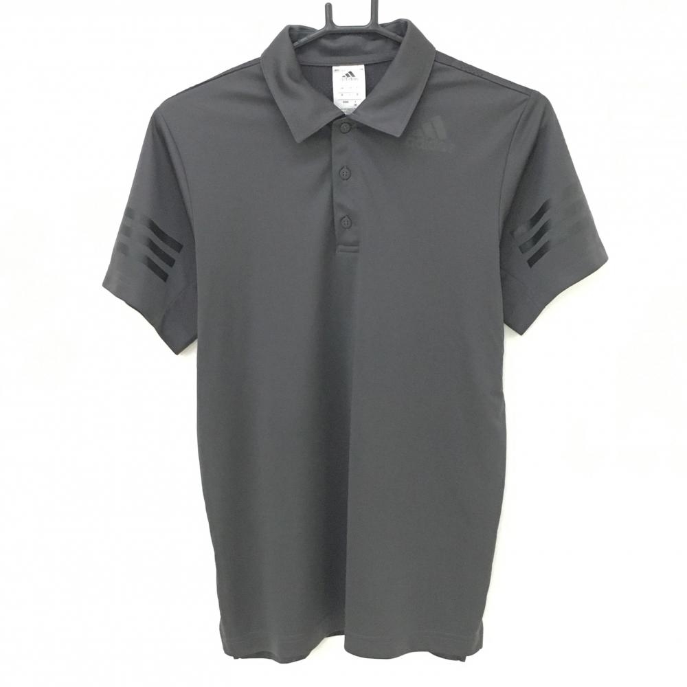 【美品】アディダス 半袖ポロシャツ ダークグレー×黒 袖3ライン 背面カモフラメッシュ地  メンズ M ゴルフウェア adidas