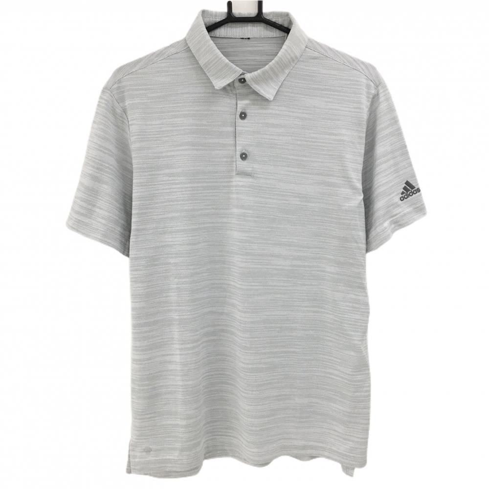 アディダス 半袖ポロシャツ 白×グレー 細ボーダー調 袖ロゴ メンズ  ゴルフウェア adidas