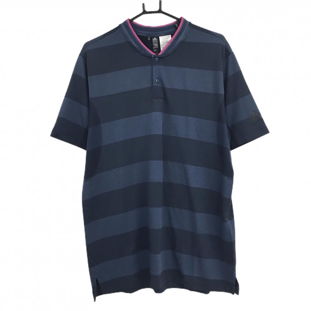 【美品】アディダス 半袖ポロシャツ ネイビー 太ボーダー スタンドカラー 袖下メッシュ  メンズ XL ゴルフウェア adidas