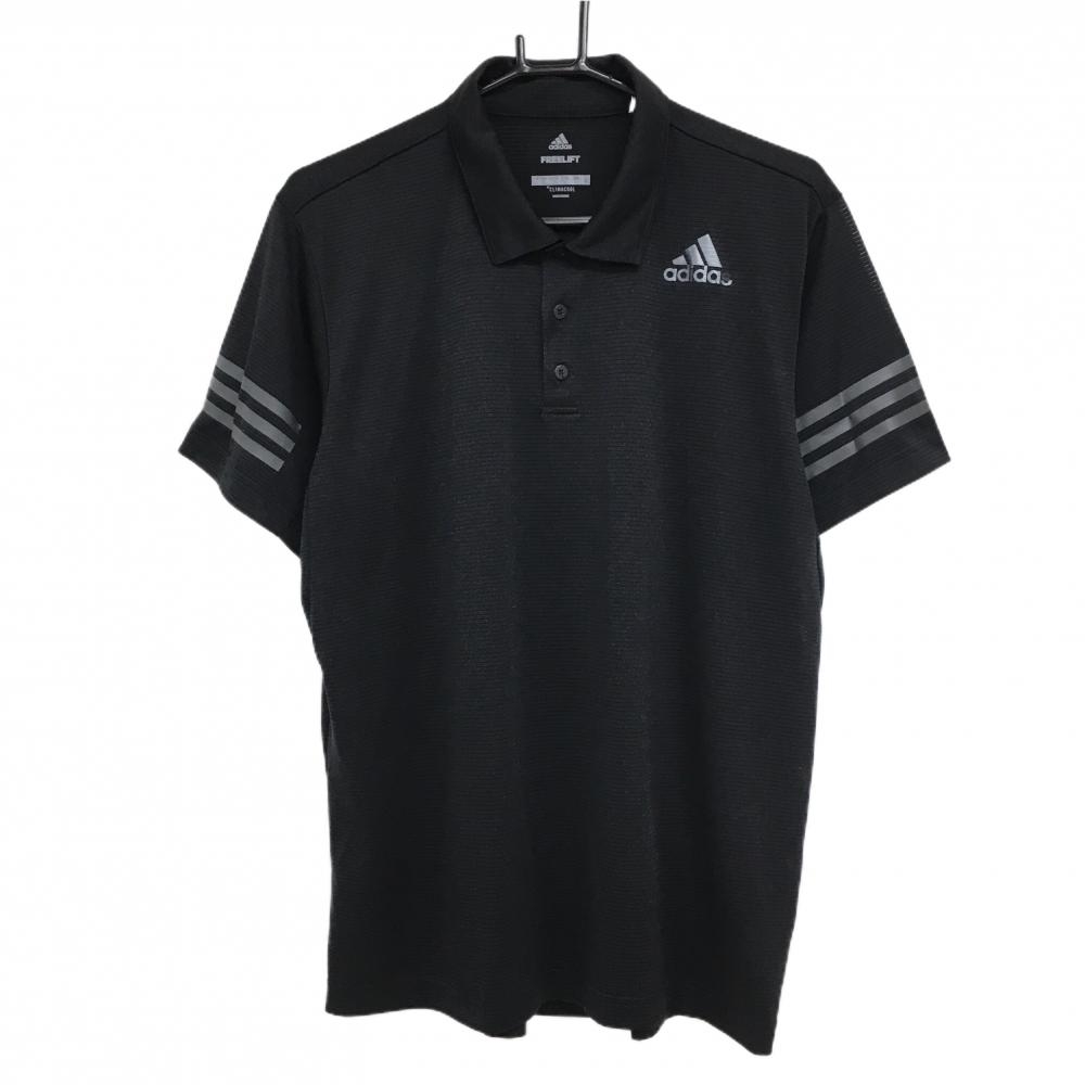 【美品】アディダス 半袖ポロシャツ 黒 細ボーダー地模様 シアー素材 CLIMCOOL 袖3ライン メンズ XO ゴルフウェア adidas