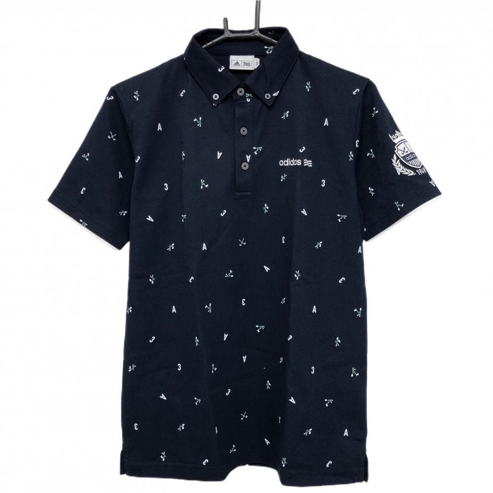 【超美品】アディダス 半袖ポロシャツ ネイビー×白 総柄 英字 数字 ボタンダウン メンズ S/P ゴルフウェア adidas