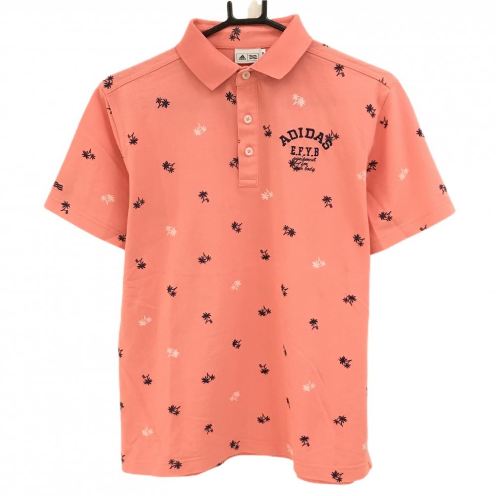 【美品】アディダス 半袖ポロシャツ サーモンピンク×ネイビー ヤシの木柄  メンズ M/M ゴルフウェア adidas