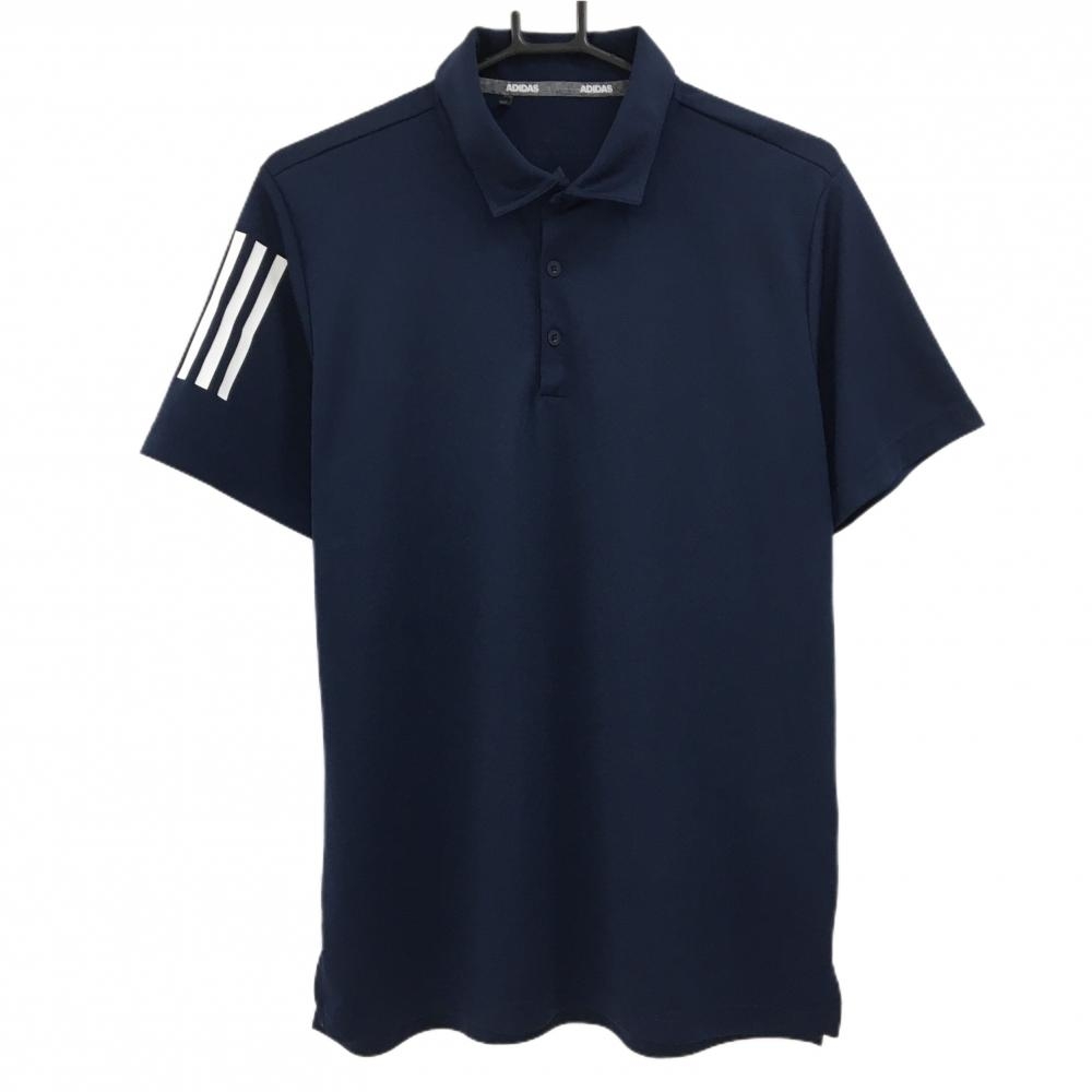 【美品】アディダス 半袖ポロシャツ ネイビー×白 袖3ライン メンズ L ゴルフウェア adidas