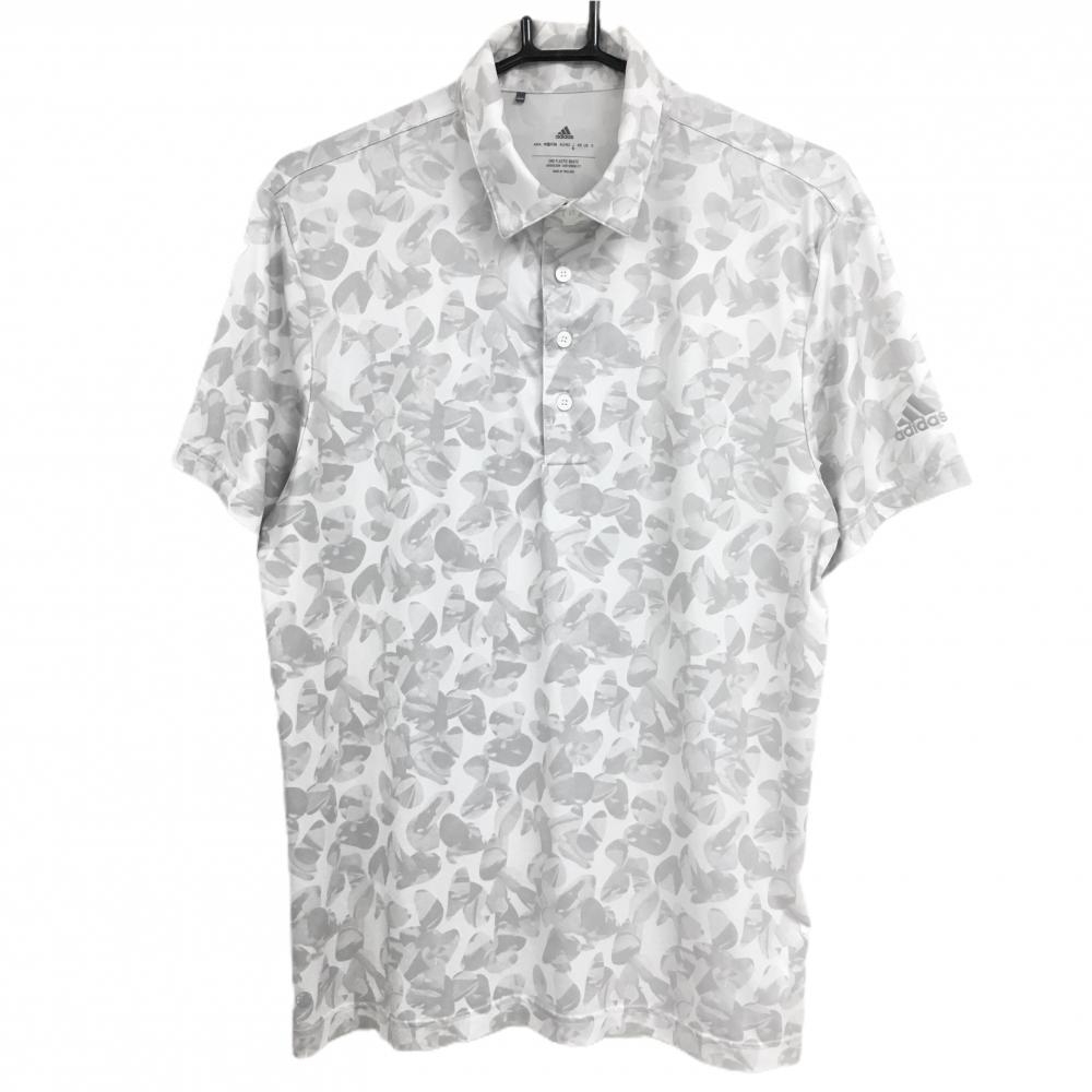 アディダス 半袖ポロシャツ 白×ライトグレー 総柄 袖ロゴ ストレッチ  メンズ M ゴルフウェア adidas