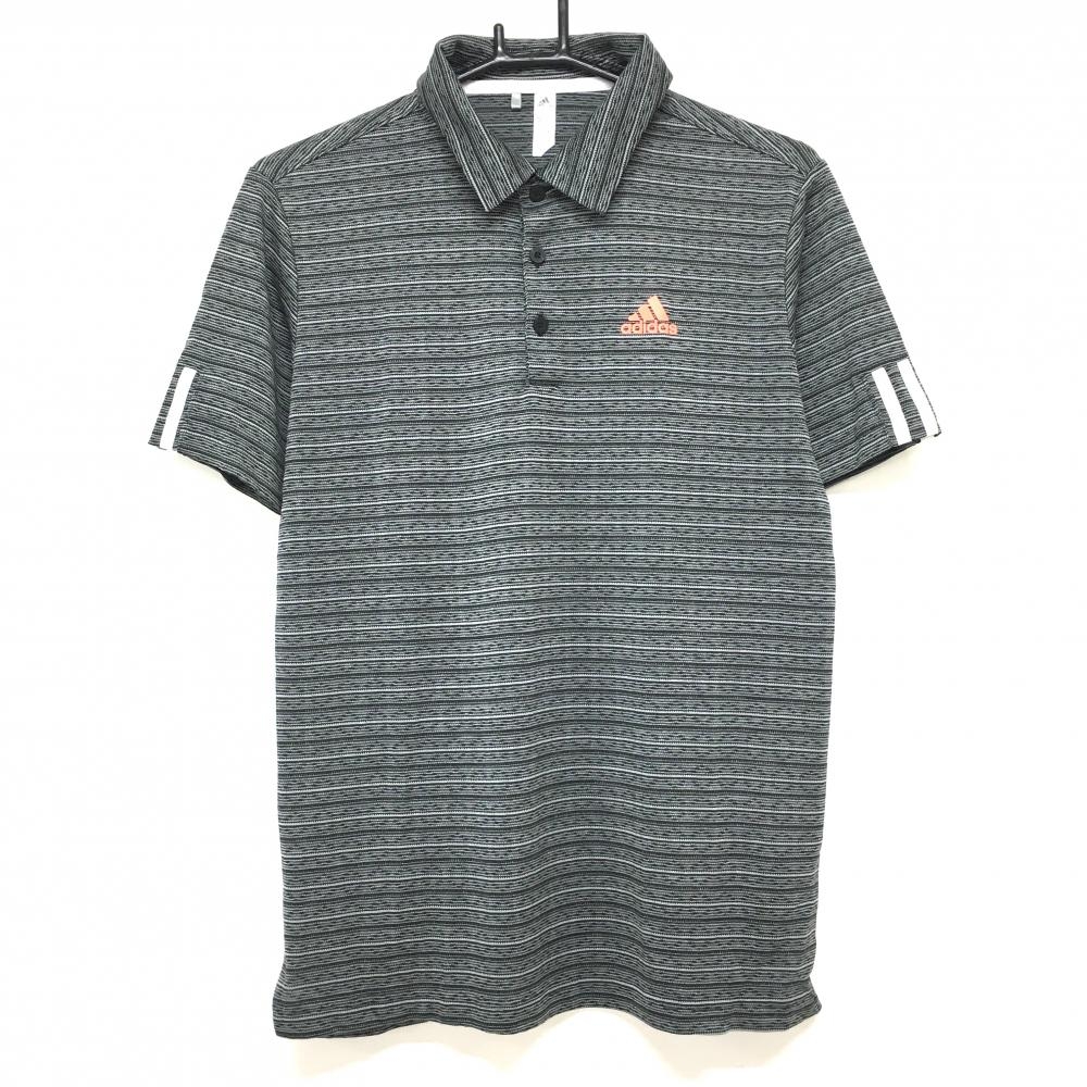 【超美品】アディダス 半袖ポロシャツ 黒×グレー ボーダー風 袖3ライン メンズ M ゴルフウェア adidas