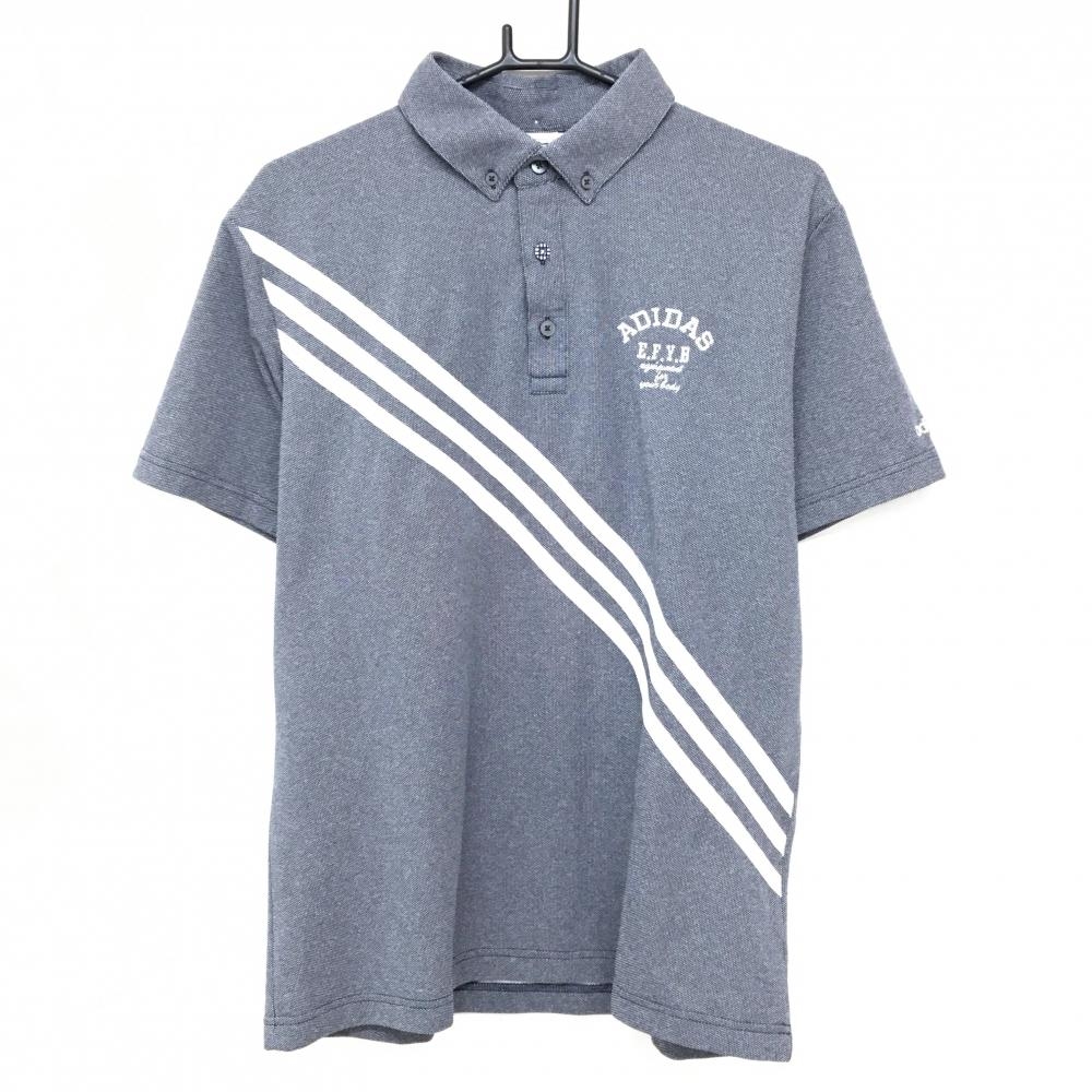【美品】アディダス 半袖ポロシャツ 杢ネイビー×白 3ライン ボタンダウン メンズ O/XG(XL) ゴルフウェア adidas