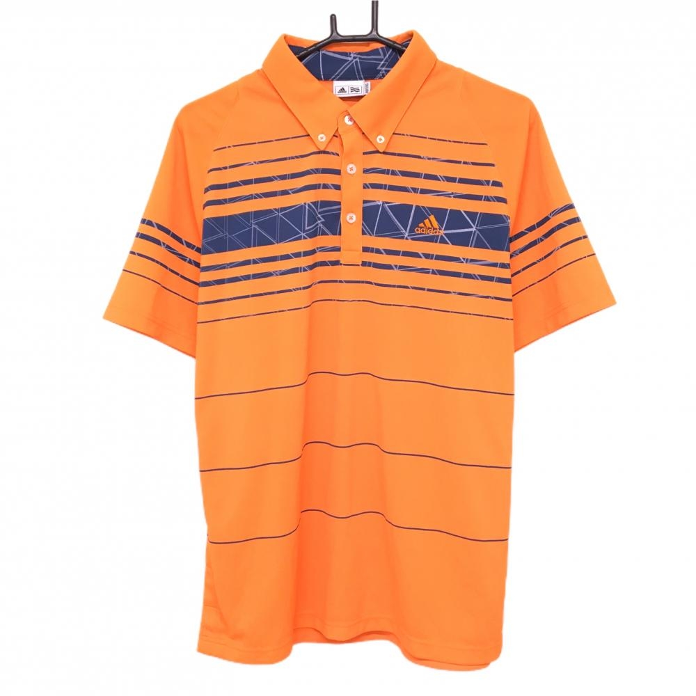 【美品】アディダス 半袖ポロシャツ オレンジ×ネイビー 一部ボーダー ボタンダウン メンズ XO/XXG(2XL) ゴルフウェア 大きいサイズ adidas