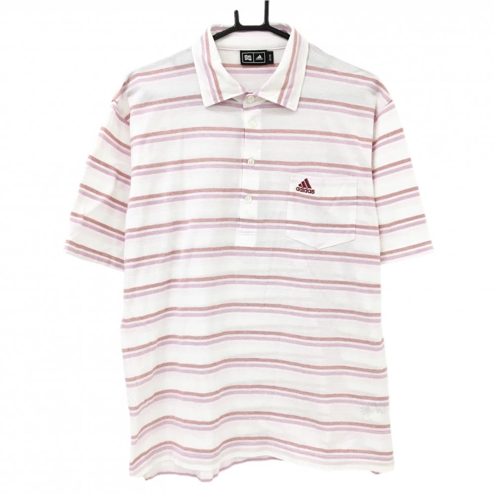 【超美品】アディダス 半袖ポロシャツ 白×ピンク ボーダー ロゴ刺しゅう メンズ O/XG ゴルフウェア adidas