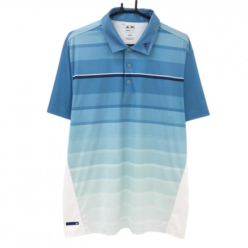 アディダス 半袖ポロシャツ ブルー×ライトブルー 身頃ボーダー グラデーション メンズ XO/XXG ゴルフウェア 大きいサイズ adidas