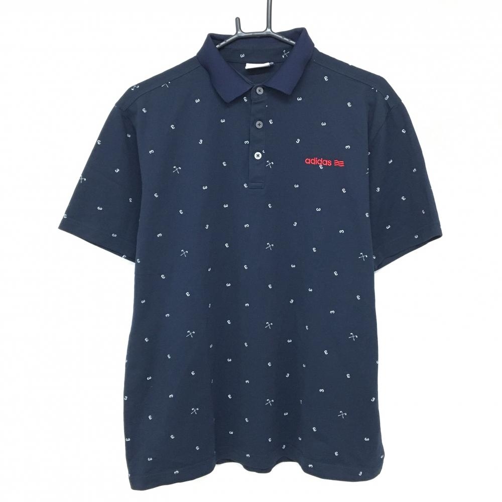 【美品】アディダス 半袖ポロシャツ ネイビー×白 3総柄 ロゴ刺しゅう  メンズ XO/XXG(2XL) ゴルフウェア 大きいサイズ adidas