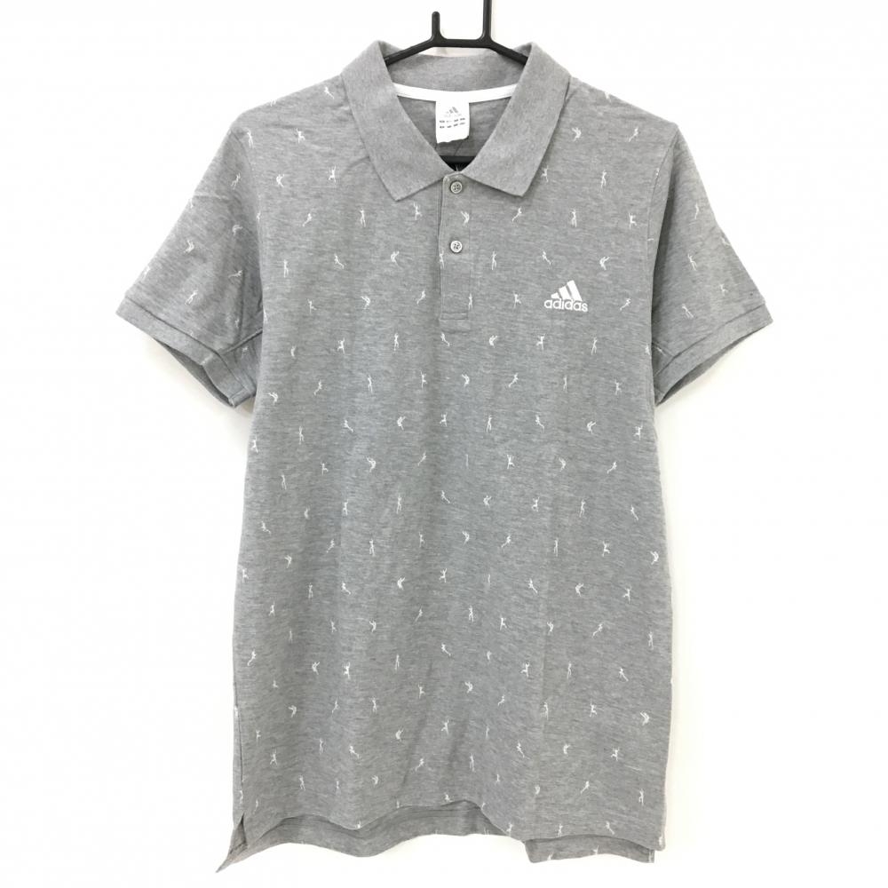【新品】アディダス 半袖ポロシャツ グレー×白 総柄 ロゴ刺しゅう  メンズ XO ゴルフウェア 大きいサイズ adidas
