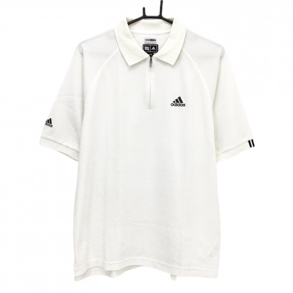 アディダス 半袖ポロシャツ 白×黒 ロゴ刺しゅう ハーフジップ メンズ M/M ゴルフウェア adidas
