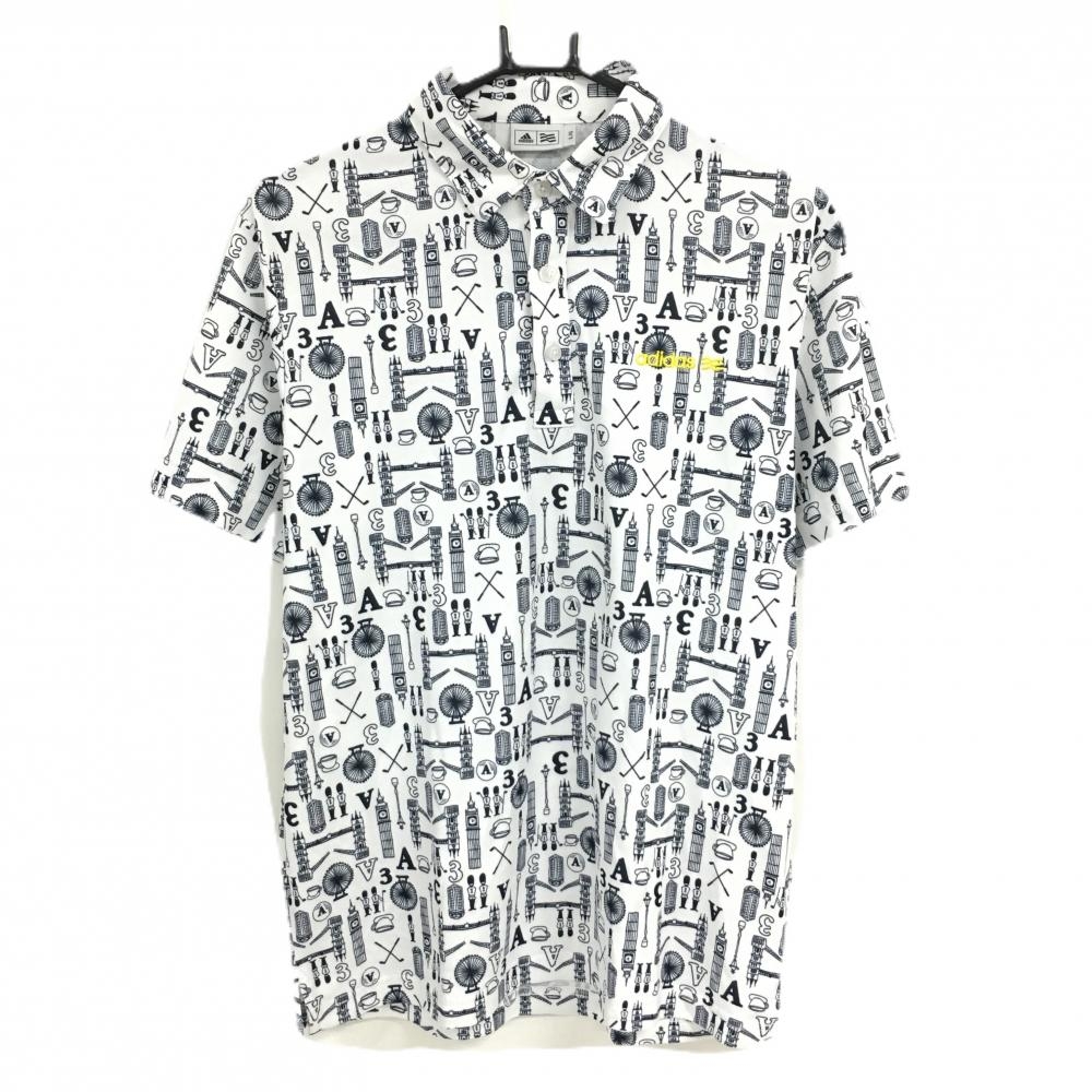 【超美品】アディダス 半袖ポロシャツ 白×黒 総柄 イギリス ロゴイエロー メンズ L/G ゴルフウェア adidas