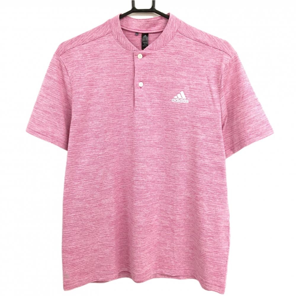 【超美品】アディダス 半袖ポロシャツ ピンク スタンドカラー 地模様 ロゴプリント メンズ XL ゴルフウェア adidas