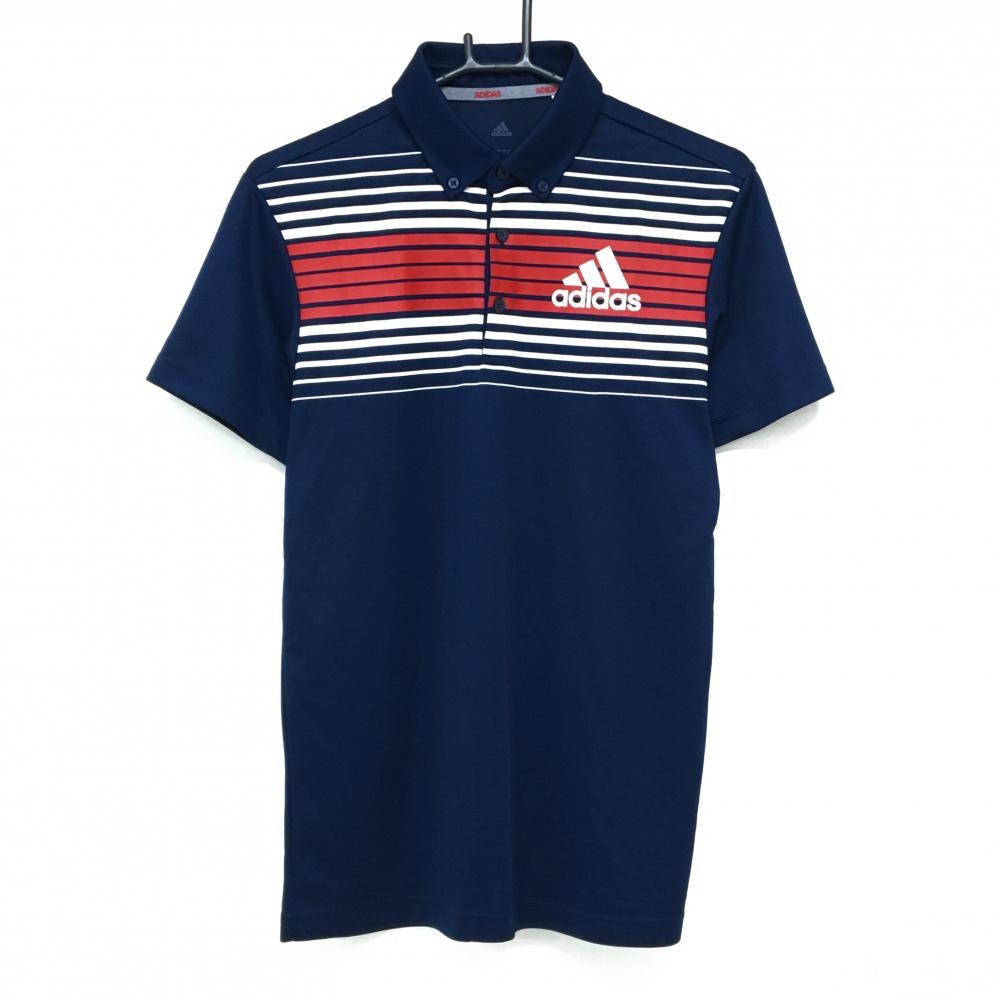 【美品】アディダス 半袖ポロシャツ ネイビー×白 上部ボーダー ボタンダウン メンズ M ゴルフウェア adidas