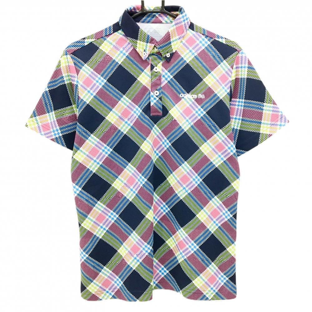 【美品】アディダス 半袖ポロシャツ ネイビー×マルチカラー チェック ボタンダウン メンズ M/M ゴルフウェア adidas