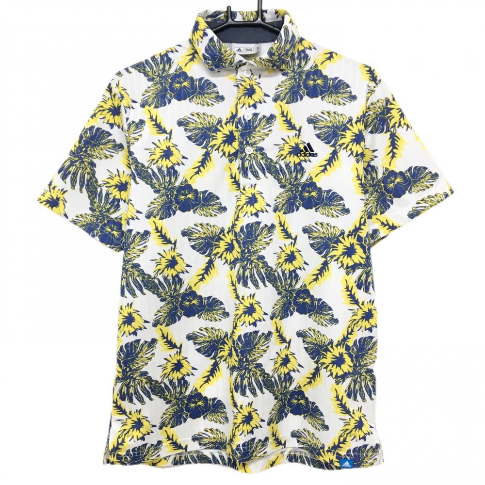【超美品】アディダス 半袖ポロシャツ 白×ネイビー ハイビスカス柄 ストライプ地模様 ロゴ刺しゅう  メンズ L/G ゴルフウェア adidas