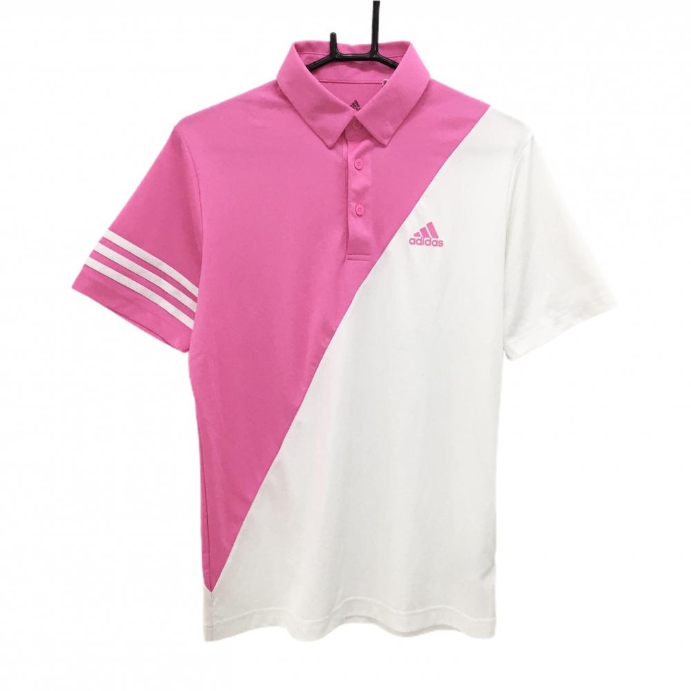 【超美品】アディダス 半袖ポロシャツ 白×ピンク バイカラー 袖3ライン ロゴ メンズ M ゴルフウェア adidas