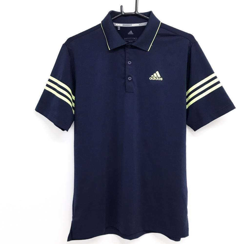【超美品】アディダス 半袖ポロシャツ ネイビー×イエロー 袖3ライン 胸ロゴ メンズ L ゴルフウェア adidas