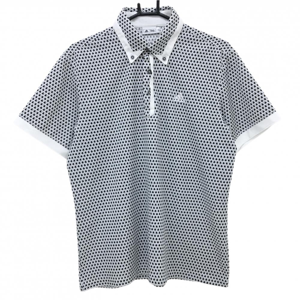 【超美品】アディダス 半袖ポロシャツ ライトグレー×黒 総柄 ロゴ刺しゅう ボタンダウン メンズ L/G ゴルフウェア adidas
