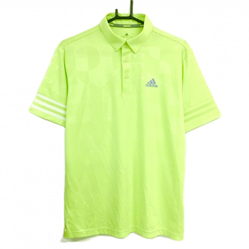 【超美品】アディダス 半袖ポロシャツ イエローグリーン 総柄地模様 袖口3ライン メンズ L ゴルフウェア adidas