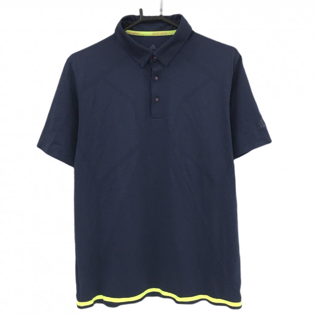【美品】アディダス 半袖ポロシャツ ネイビー 地模様 裾ラインイエロー  メンズ O(XL) ゴルフウェア adidas