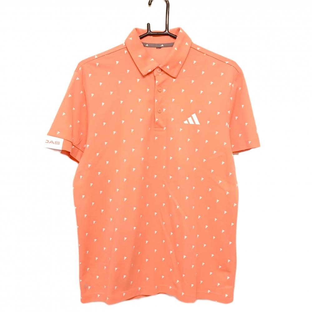 【美品】アディダス 半袖ポロシャツ サーモンピンク×白 ロゴ総柄 胸ロゴ  メンズ  ゴルフウェア adidas