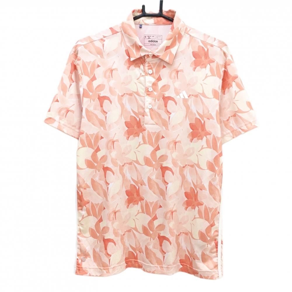 【超美品】アディダス 半袖ポロシャツ オレンジピンク系×ライトピンク系 総柄 花 リーフ サイド3ライン メンズ L ゴルフウェア adidas
