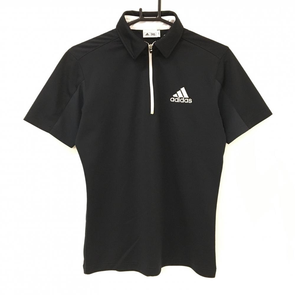 アディダス 半袖ポロシャツ 黒×白 ロゴ刺しゅう ハーフジップ メンズ S/P ゴルフウェア adidas