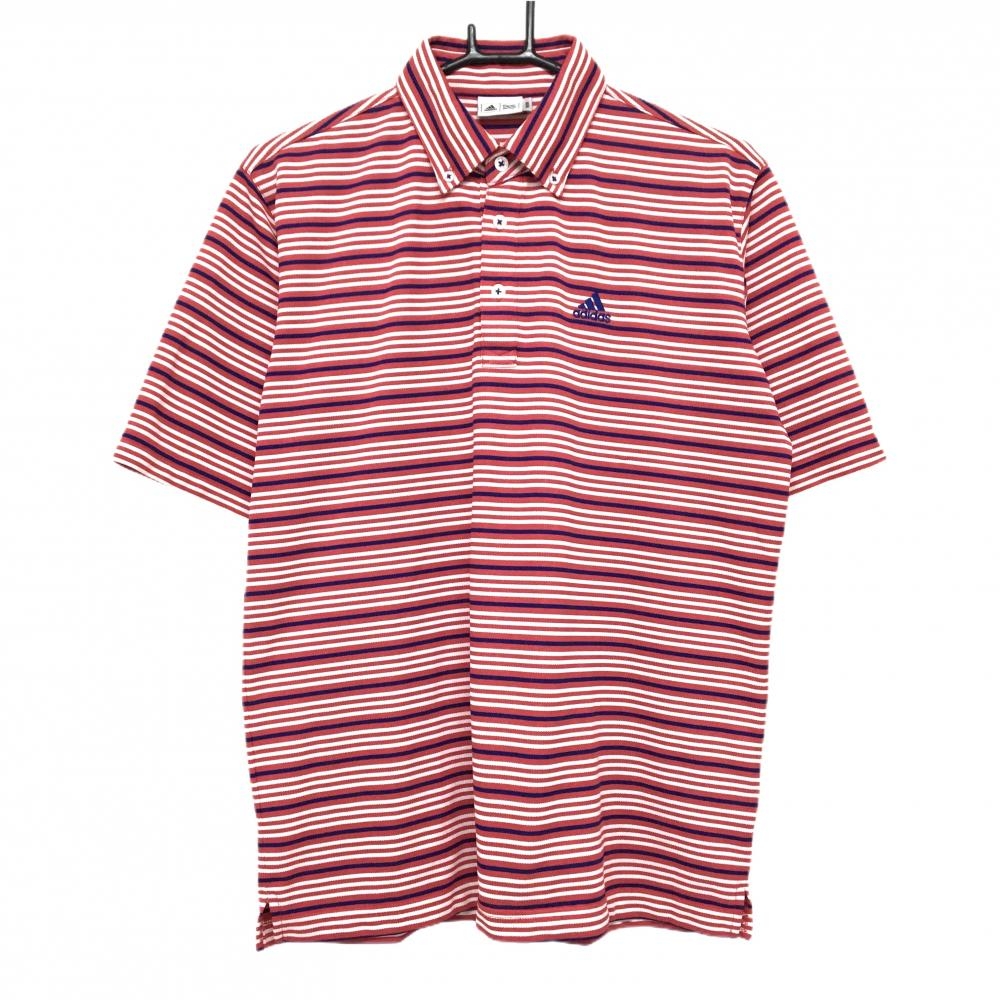 【美品】アディダス 半袖ポロシャツ レッド×白×ネイビー ボーダー ボタンダウン メンズ M/M ゴルフウェア adidas