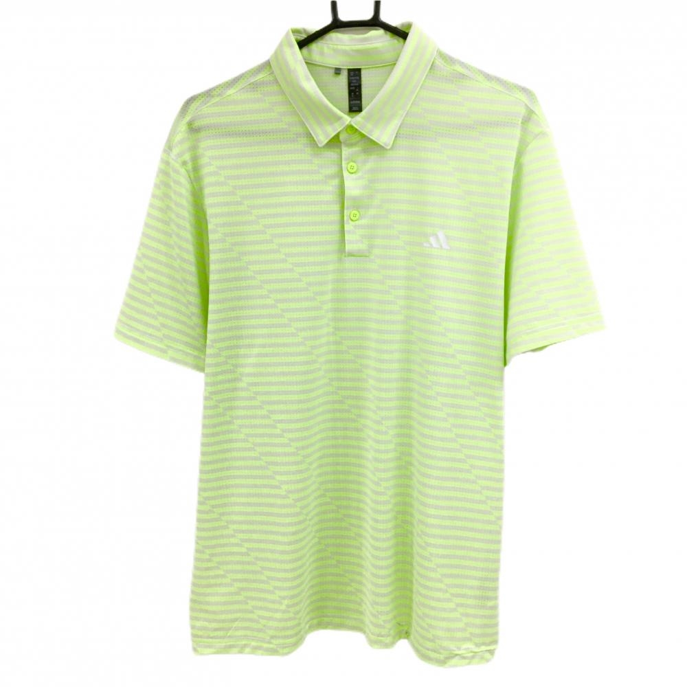 【美品】アディダス 半袖ポロシャツ 白×蛍光グリーン ボーダー風 メッシュ  メンズ 2XL ゴルフウェア 大きいサイズ adidas