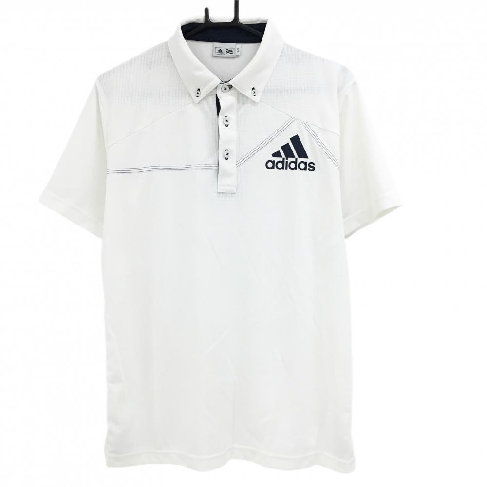 アディダス 半袖ポロシャツ 白×ネイビー ロゴプリント ボタンダウン メンズ L/G ゴルフウェア adidas