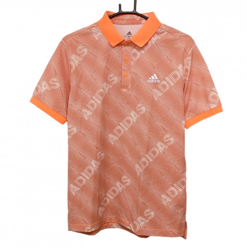 【超美品】アディダス 半袖ポロシャツ オレンジ×白 総柄 ナイロン混 メンズ L ゴルフウェア adidas