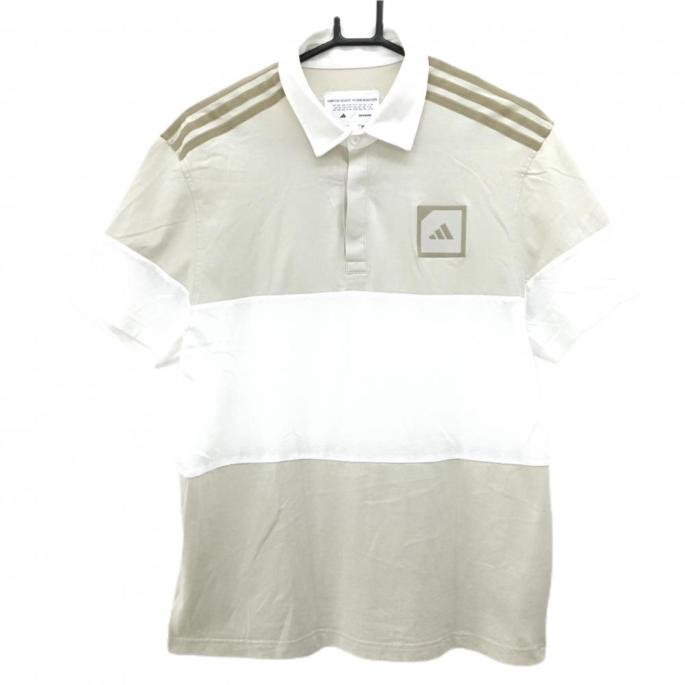 アディダス 半袖ポロシャツ ベージュ×白 一部メッシュ調 肩3ライン  メンズ XL ゴルフウェア adidas