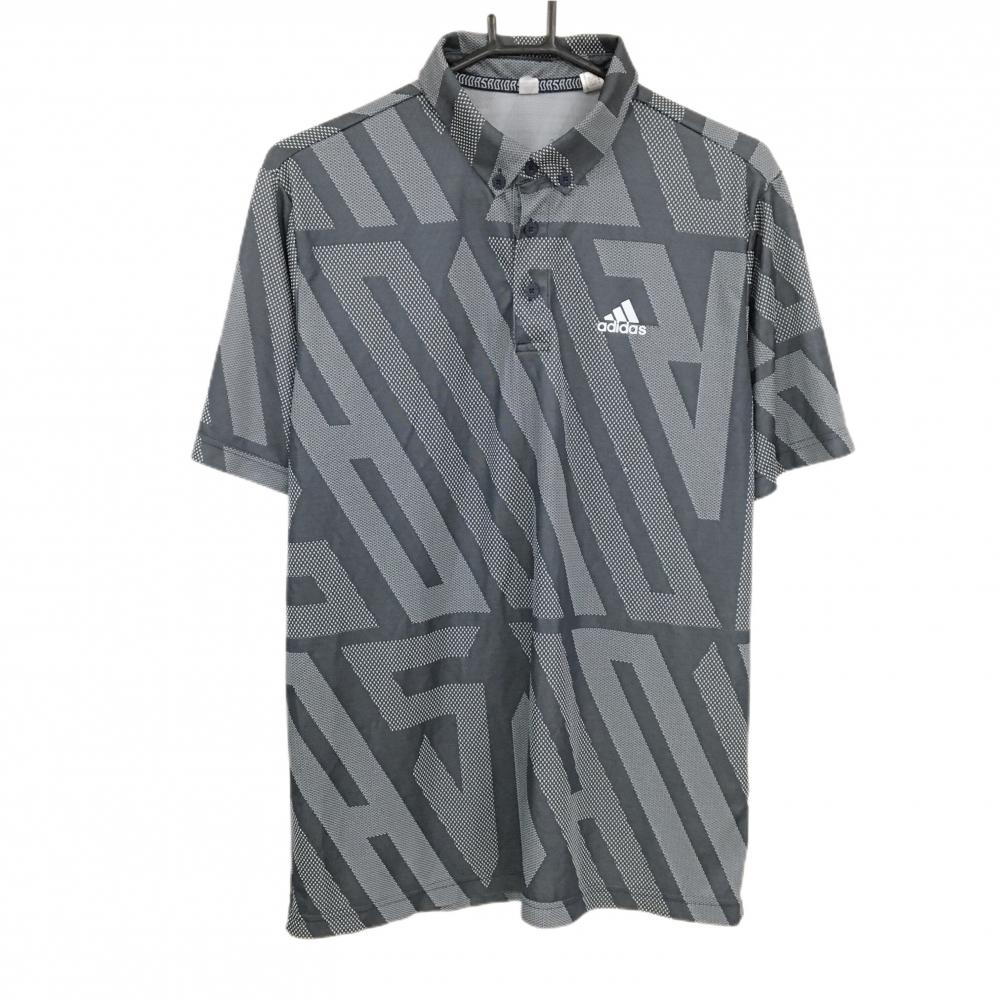 【美品】アディダス 半袖ポロシャツ グレーネイビー系×白系 総柄 ボタンダウン メンズ 2XL ゴルフウェア 大きいサイズ adidas