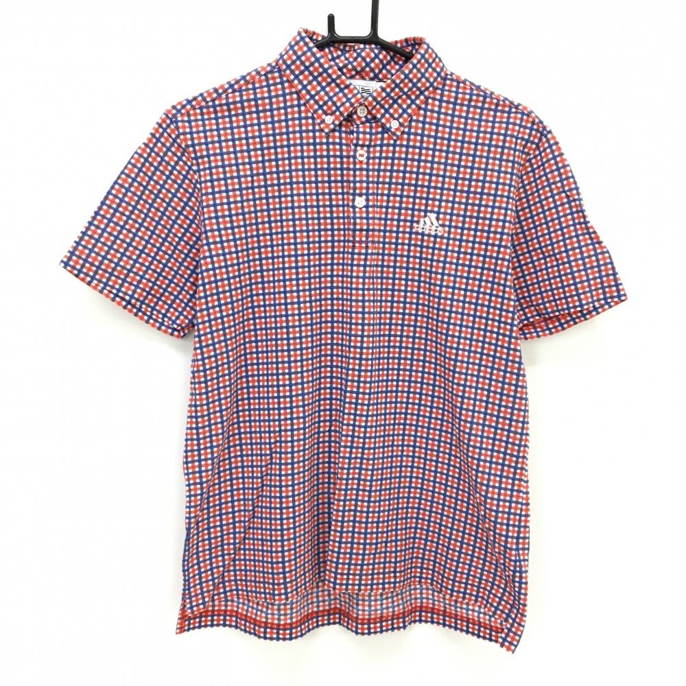 【美品】アディダス 半袖ポロシャツ レッド×ブルー チェック ボタンダウン  メンズ L/G ゴルフウェア adidas