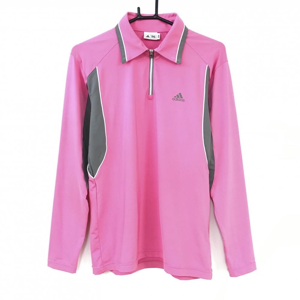 【超美品】adidas アディダス 長袖ポロシャツ ピンク×グレー ハーフジップ ストレッチ メンズ M/M ゴルフウェア