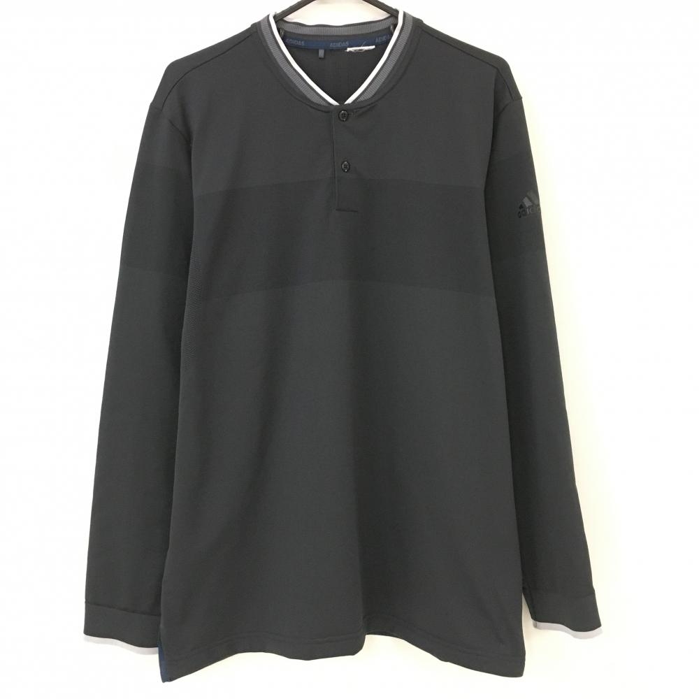 【美品】アディダス 長袖ポロシャツ 黒×ライトグレー 地模様 襟袖ライン  メンズ  ゴルフウェア adidas